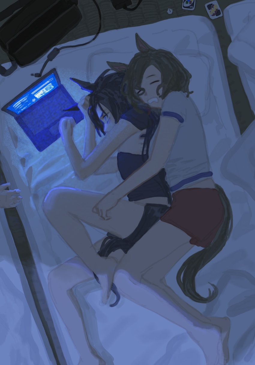 2girls air_shakur_(umamusume) animal_ears arm_around_chest barefoot black_hair black_shorts black_tail brown_hair brown_tail cable chinese_commentary closed_eyes commentary_request computer dark dice drooling from_above front-to-back full_body futon heads_together highres horse_ears horse_girl horse_tail laptop laptop_bag long_hair messy_sleeper midriff_peek mouth_drool multiple_girls night pillow red_shorts screen_light shirt short_hair short_shorts short_sleeves shorts sleeping t-shirt tail tap_dance_city_(umamusume) tatami umamusume uno_(game) white_shirt yuri zaixing