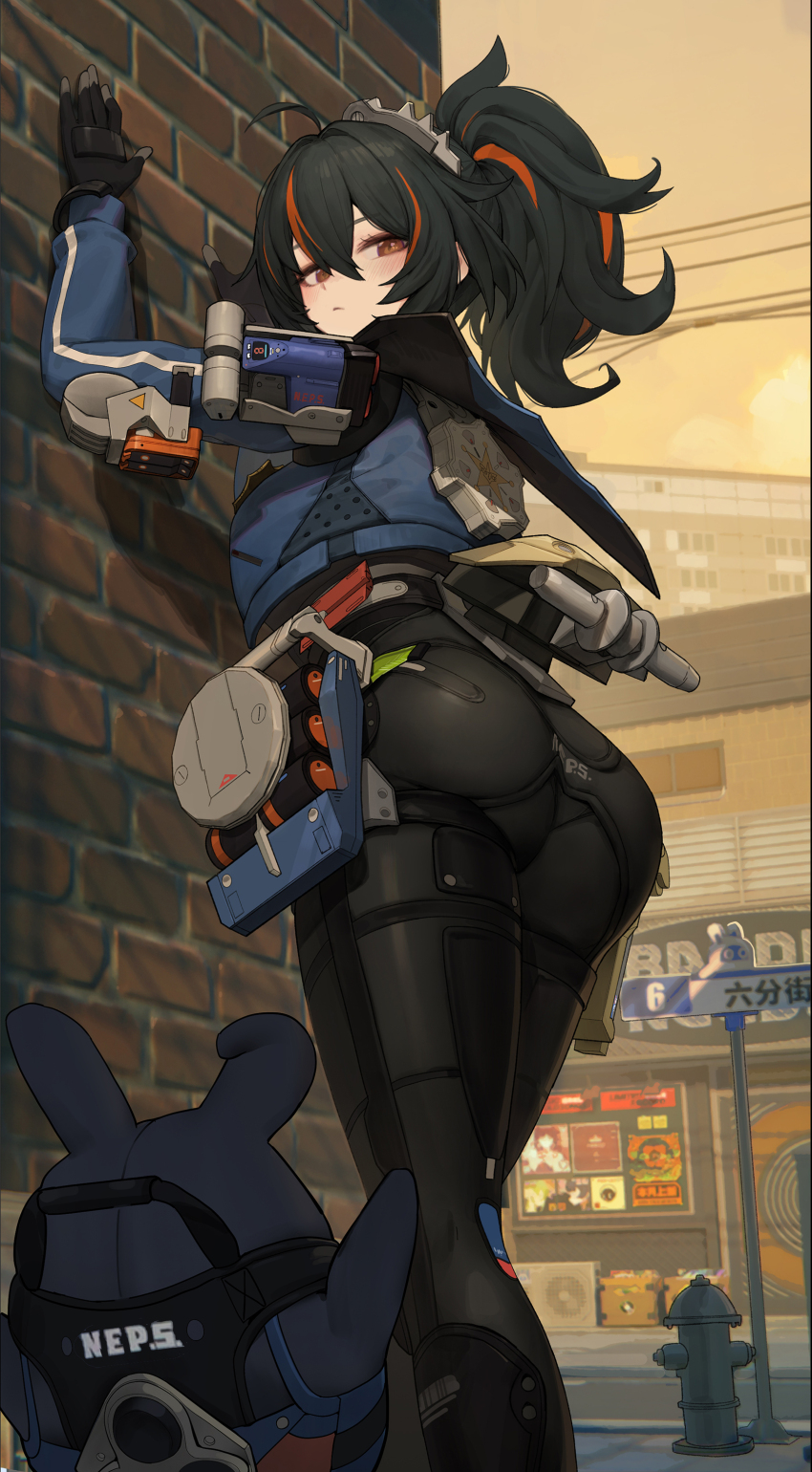 1girl absurdres against_wall ass black_gloves black_hair black_pants blue_jacket come_hither gloves handlebar high-waist_pants highres holster jacket looking_at_viewer looking_back metal_hairband multicolored_hair outdoors pants police police_uniform policewoman ponytail red_eyes red_hair romana securityboo_(zenless_zone_zero) seductive_gaze shoulder_holster solo streaked_hair tight_clothes tight_pants zenless_zone_zero zhu_yuan