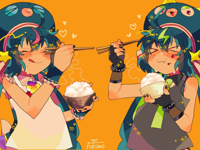 &gt;_&lt; 2girls :q ahoge apron black_apron black_gloves black_nails black_shirt blonde_hair blue_hair blush bowl bracelet brooch chopsticks closed_eyes closed_mouth collared_shirt commentary_request dual_persona eating facial_mark fingerless_gloves food food_on_face foodgasm frilled_shirt frills fukomo full_mouth gloves green_necktie hands_up hat_ornament heart holding holding_bowl holding_chopsticks jewelry licking_lips lightning_bolt_symbol long_hair low_twintails multicolored_hair multiple_girls necktie nose_blush orange_background otomachi_una otomachi_una_(spicy) otomachi_una_(sugar) otomachi_una_(vocaloid6_spicy) otomachi_una_(vocaloid6_sugar) pink_hair pink_shirt raised_eyebrows rice rice_bowl shirt signature simple_background sleeveless sleeveless_shirt sparkle spiked_bracelet spikes star_(symbol) star_hat_ornament steam streaked_hair sweat tongue tongue_out twintails upper_body very_long_hair vocaloid white_apron wrist_cuffs