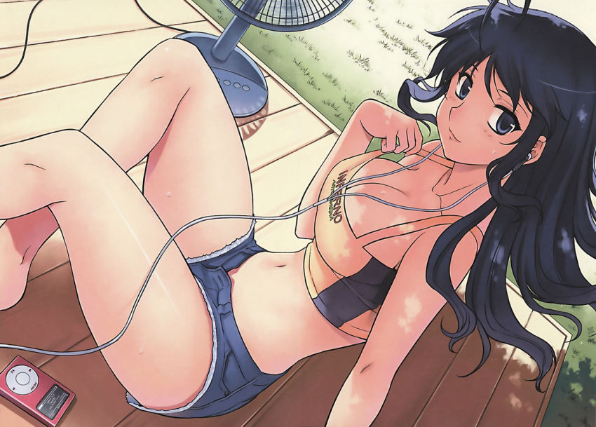 1girl aflame_inferno bare_shoulders beach black_eyes black_hair breasts cleavage digital_media_player grass ipod large_breasts legs long_hair looking_at_viewer midriff navel official_art shadow short_shorts shorts sitting smile sweat thighs ventilator