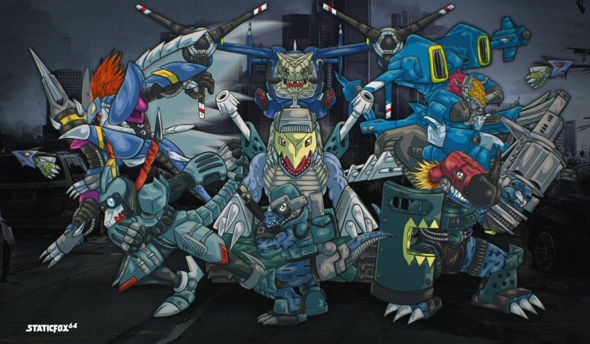 brigadramon cargodramon commandramon darkdramon digimon digimon_(creature) dragon grenade_launcher hi-commandramon highres missile missimon monochrome open_mouth sealsdramon shield tail tankdramon weapon wings