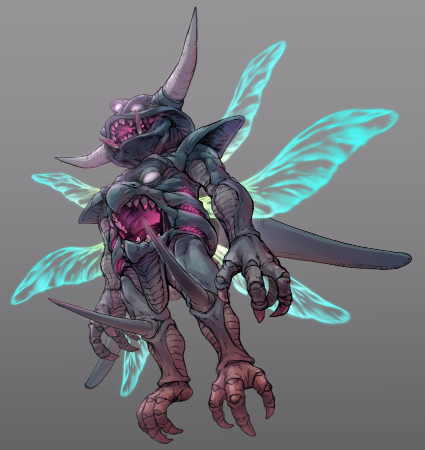 1boy absurdres alternate_form commentary_request death_pisaro dragon_quest dragon_quest_iv floating from_below full_body glowing glowing_eyes glowing_wings gradient_background grey_background highres horns insect_wings knee_spikes kurosaki_yo male_focus monster monster_focus no_humans no_pupils open_mouth partial_commentary sharp_teeth solo stomach_mouth teeth transformation triclops tusks white_eyes white_horns wings