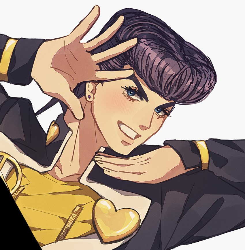 1boy blue_eyes diamond_wa_kudakenai gakuran grin heart_ornament higashikata_josuke higashikata_josuke&#039;s_pose_(jojo) highres jojo_no_kimyou_na_bouken jojo_pose male_focus peace_symbol pompadour portrait purple_hair school_uniform siniy smile solo