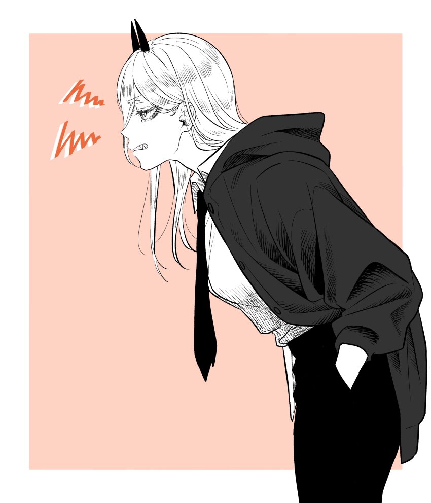 1girl absurdres chainsaw_man collared_shirt demon_girl demon_horns from_side greyscale_with_colored_background hand_in_pocket haru_rice highres horns jacket leaning_forward long_hair necktie pants pink_background power_(chainsaw_man) sharp_teeth shirt solo teeth