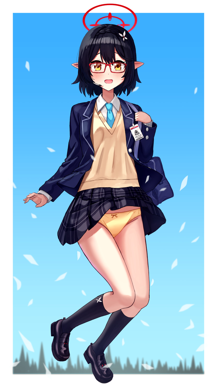 1girl absurdres ayane_(blue_archive) black_hair black_shoes black_skirt black_socks blazer blue_archive blue_jacket blue_necktie clothes_lift collared_shirt glasses hair_ornament halo happycloud highres id_card jacket loafers long_sleeves looking_at_viewer miniskirt necktie open_clothes open_jacket panties plaid_clothes plaid_skirt pleated_skirt pointy_ears red-framed_eyewear red_halo school_uniform shirt shoes short_hair skirt skirt_lift socks solo underwear vest white_shirt wind wind_lift yellow_eyes yellow_panties yellow_vest