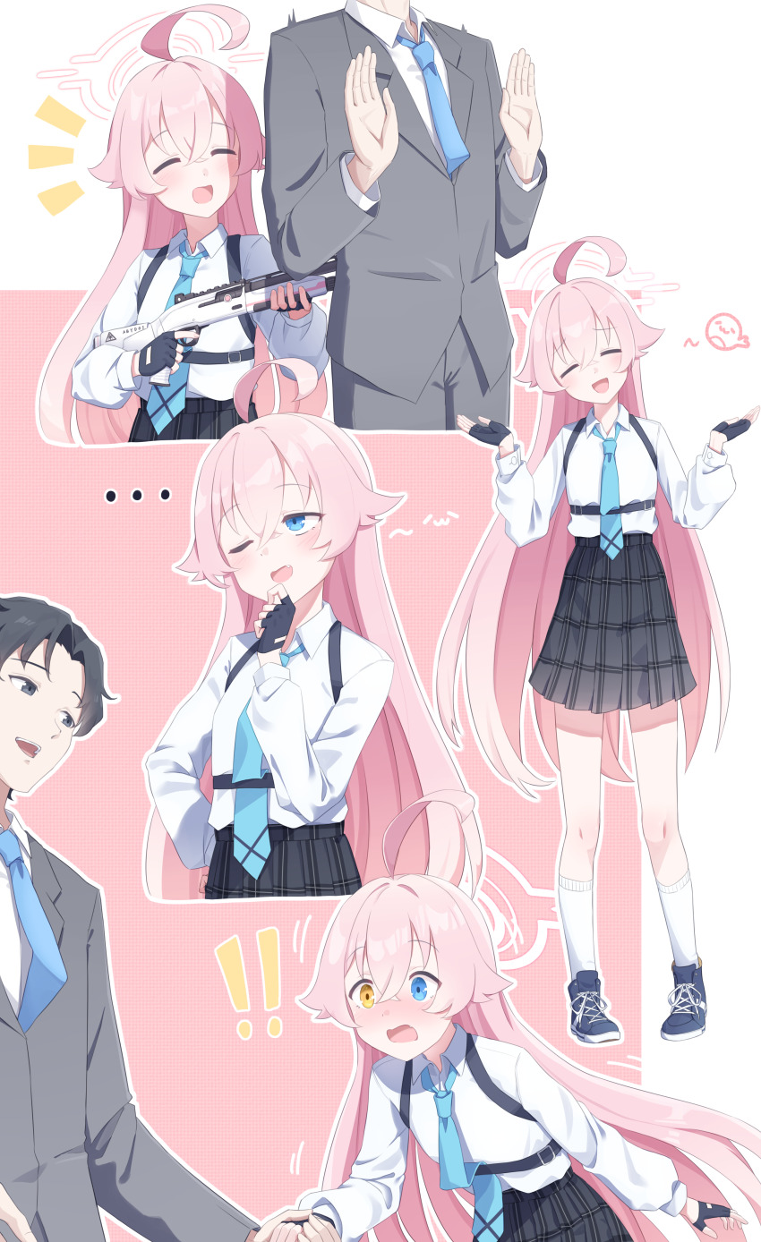 ! !! ... 1boy 1girl :d absurdres ahoge at_gunpoint beretta_1301 black_gloves black_skirt blue_archive blue_eyes blue_footwear blue_necktie blush closed_eyes collared_shirt commentary_request fingerless_gloves formal_clothes full_body gloves gun hair_between_eyes halo hand_grab hand_on_own_chin hand_on_own_hip hands_up head_tilt heterochromia highres holding holding_gun holding_weapon hoshino_(blue_archive) long_hair long_sleeves miniskirt necktie one_eye_closed open_mouth pink_hair pink_halo plaid_clothes plaid_skirt pleated_skirt sensei_(blue_archive) shirt simple_background skirt smile socks suit t-hou textless_version very_long_hair weapon white_shirt white_socks yellow_eyes