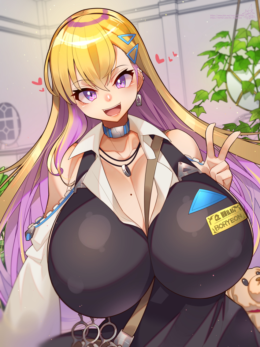 1girl :d apron armpit_crease between_breasts black_apron blonde_hair blush boryeon_(last_origin) breasts choker cleavage clothing_cutout colored_inner_hair earclip earrings gigantic_breasts gyaru hair_between_eyes hair_ornament hairclip heart highres indoors ivy jewelry last_origin long_hair looking_at_viewer mole mole_on_breast multicolored_hair name_tag open_mouth pendant pixiv_id plant purple_eyes purple_hair shirt shoulder_cutout signature silver_choker smile solo strap_between_breasts stuffed_animal stuffed_toy teddy_bear teeth tongue triangle_hair_ornament twitter_username two-tone_hair umigarasu_(kitsune1963) very_long_hair w white_shirt window