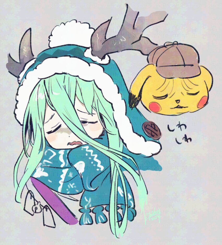 1girl antlers beanie blue_hat blue_scarf blush breasts closed_eyes deerstalker detective_pikachu_(character) detective_pikachu_(game) detective_pikachu_(series) fate/grand_order fate_(series) gen_1_pokemon green_hair hair_between_eyes hat highres horns kimidorix32 long_hair long_sleeves louhi_(fate) louhi_(second_ascension)_(fate) nintendo open_mouth pikachu pokemon pokemon_(creature) scarf small_breasts sweater wavy_mouth white_sweater wrinkled_frown_(detective_pikachu)