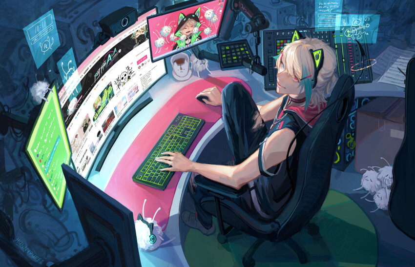 1boy absurdres animal_ear_headphones animal_ears artist_name aza_(virtuareal) blonde_hair box cardboard_box cat_ear_headphones chair choker commentary computer_keyboard computer_mouse creature cup desk english_commentary fake_animal_ears from_above full_body gaming_chair headphones highres holographic_monitor indoors male_focus monitor mug multicolored_hair multiple_monitors nijisanji pants paper shannon_xie signature solo streaked_hair swivel_chair virtual_youtuber virtuareal