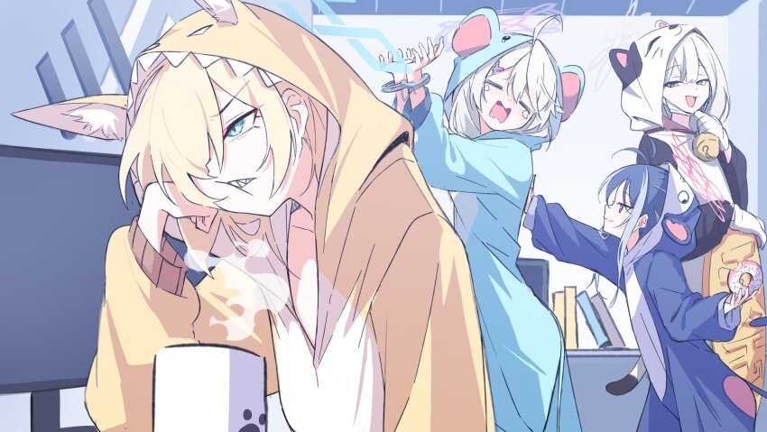 4girls =_= absurdres animal_ears annoyed bell blonde_hair blue_archive blue_eyes blue_hair blue_halo blush book cat_ears cat_tail cheek_squash closed_eyes coffee_mug coin cosplay crying cuffs cup dog_ears donut food fubuki_(blue_archive) gold gradient_halo grey_eyes grey_halo halo hand_on_own_cheek hand_on_own_face handcuffs highres kanna_(blue_archive) kigurumi kirino_(blue_archive) koban_(gold) konoka_(blue_archive) logo maneki-neko mask mmhomm monkey_tail mouse_ears mouth_mask mug multicolored_hair multicolored_halo multicolored_tail multiple_girls neck_bell pajamas pink_eyes pink_halo sharp_teeth shoving smirk sprinkles steam streaked_hair surgical_mask tail teeth television white_hair