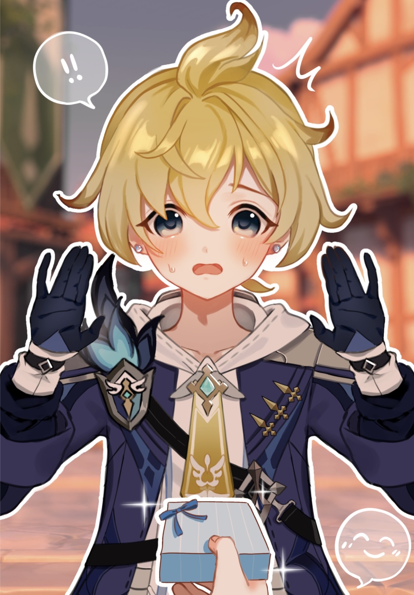 ! !! 1boy ^^^ absurdres ahoge black_gloves blonde_hair blue_eyes blue_jacket blush genshin_impact gift gloves hair_between_eyes highres hood hoodie jacket len_02 long_sleeves male_focus mika_(genshin_impact) open_mouth short_hair solo_focus speech_bubble sweat upper_body white_hoodie