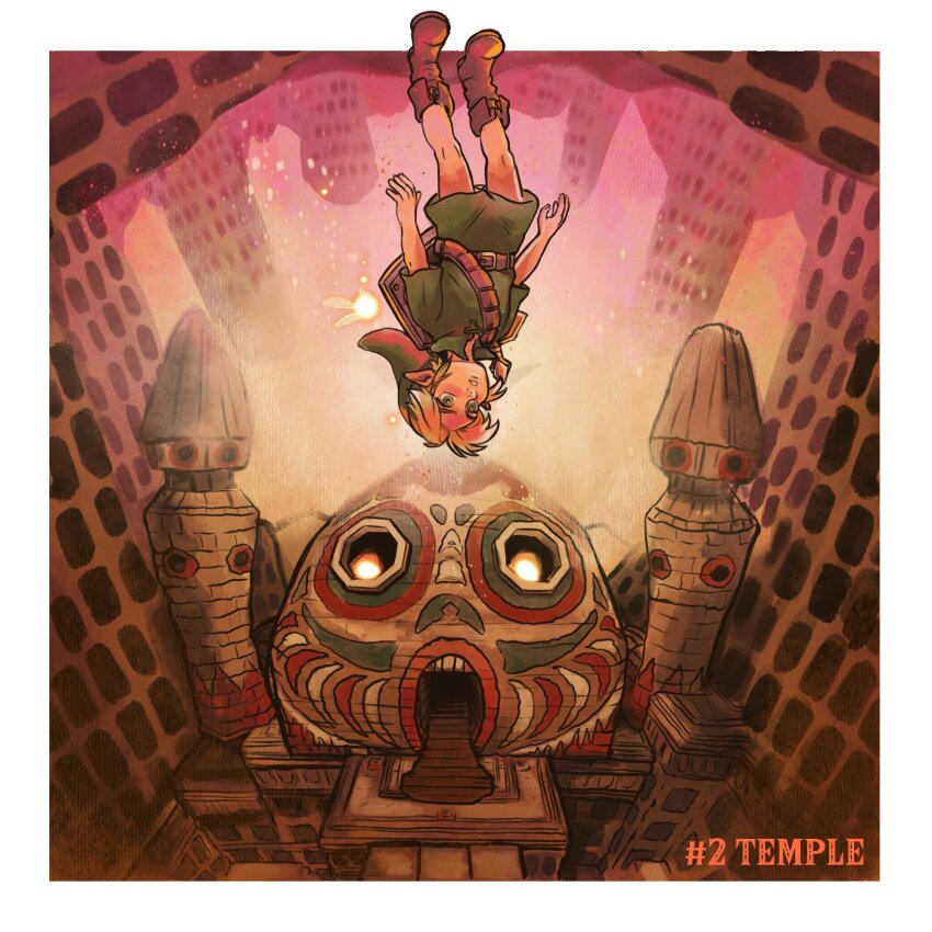 1boy arms_at_sides belt blonde_hair boots border brown_boots child fairy fisheye full_body green_tunic hat highres link male_focus nintendo ora-illustration outside_border parted_lips pointy_ears shield shield_on_back short_sleeves sword sword_on_back tatl the_legend_of_zelda the_legend_of_zelda:_majora&#039;s_mask tunic upside-down weapon weapon_on_back white_border