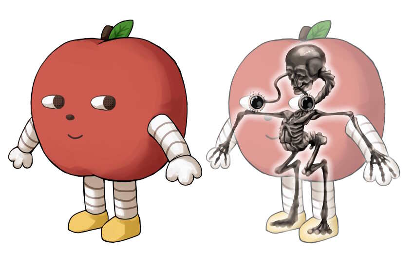 1other absurdres akiya_0919 apple closed_mouth cursed_fall_guy_(meme) food fruit full_body highres horror_(theme) idolmaster idolmaster_cinderella_girls looking_to_the_side meme multiple_views ringorou_(idolmaster) sideways_glance simple_background skeleton skull smile standing stretched_neck what white_background x-ray