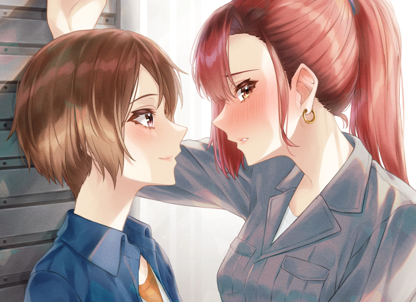 2girls absurdres bad_id bad_pixiv_id banana_oekaki blue_shirt blush brown_eyes brown_hair closed_mouth collared_shirt commission dress_shirt earrings embarrassed grey_shirt highres ichikawa_natsumi jewelry kabedon long_hair looking_at_another looking_away multiple_girls open_clothes open_shirt parted_lips pixiv_commission ponytail red_hair seto_akari shirt short_hair smile upper_body urasekai_picnic wing_collar yuri