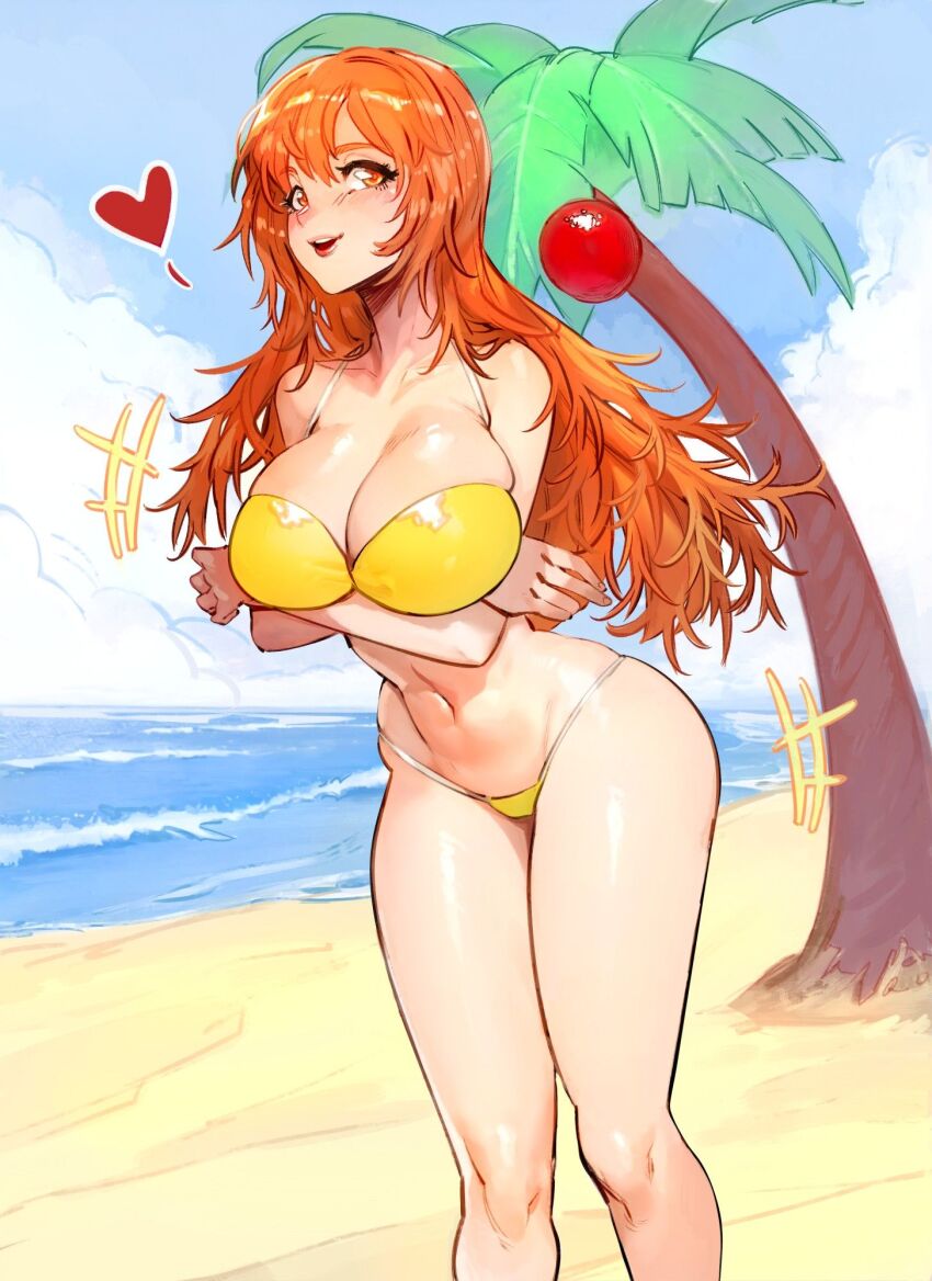 1girl arms_under_breasts bare_shoulders beach bikini blue_sky blush breasts cleavage cloud cloudy_sky coconut_tree commission day hair_between_eyes heart highres joy_(shenmue) large_breasts leaning_forward long_hair looking_at_viewer midriff navel open_mouth orange_eyes orange_hair outdoors palm_tree second-party_source sega shenmue shenmue_ii shenmue_the_animation sidelocks sky smile solo string_bikini swimsuit thighs topsu tree waves yellow_bikini