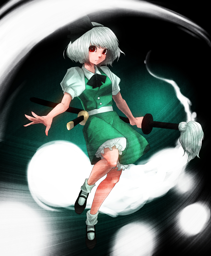 1girl absurdres bloomers dress female_focus food_fighter_441 hair_ribbon hairband highres hitodama katana konpaku_youmu konpaku_youmu_(ghost) mary_janes red_eyes ribbon shoes short_hair silver_hair socks solo sword touhou underwear weapon