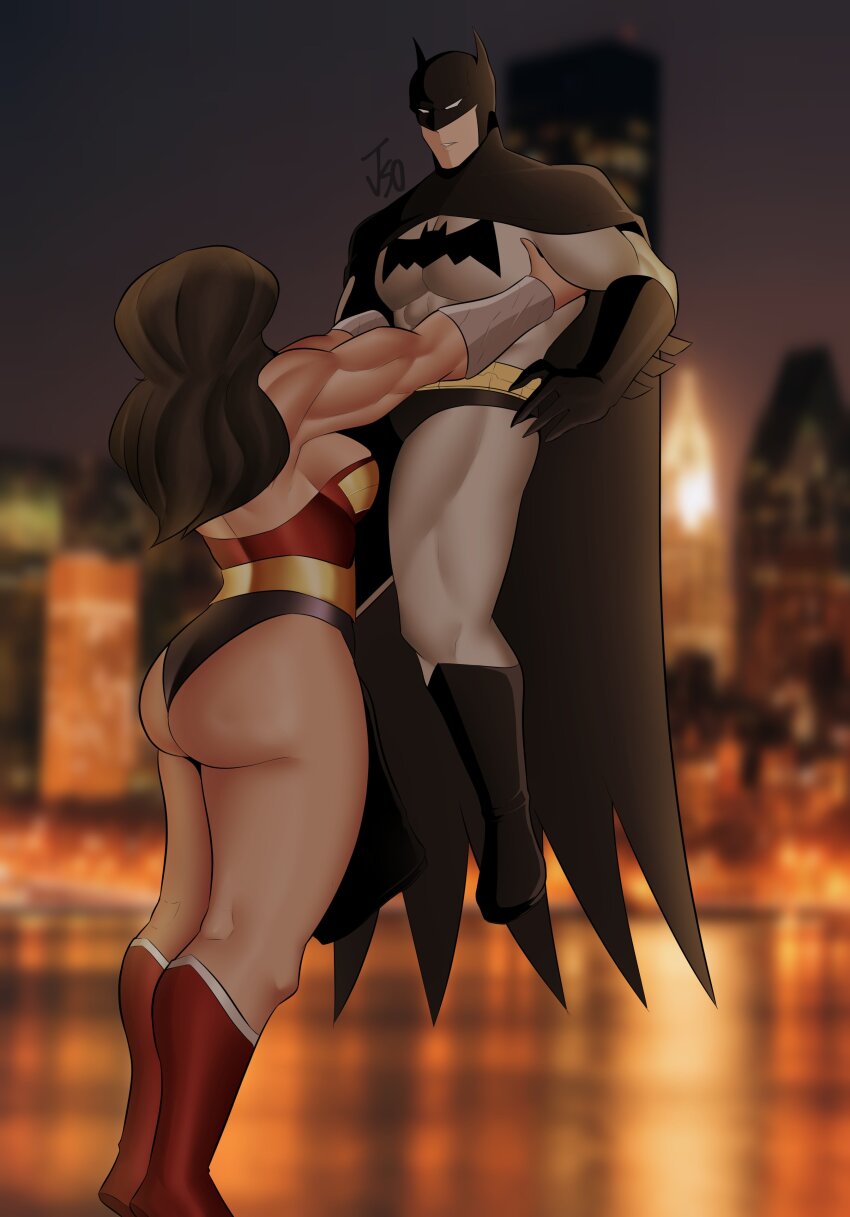 1boy 1girl absurdres armlet ass batman batman_(series) batman_symbol black_cape black_hair bodysuit bruce_wayne cape carrying carrying_person city city_lights couple dc_comics diana_prince grey_bodysuit highres huge_ass jewelry jso justice_league large_pectorals leotard long_hair muscular muscular_female muscular_male pectorals photo_background superhero_costume thick_thighs thighs wonder_woman wonder_woman_(series)