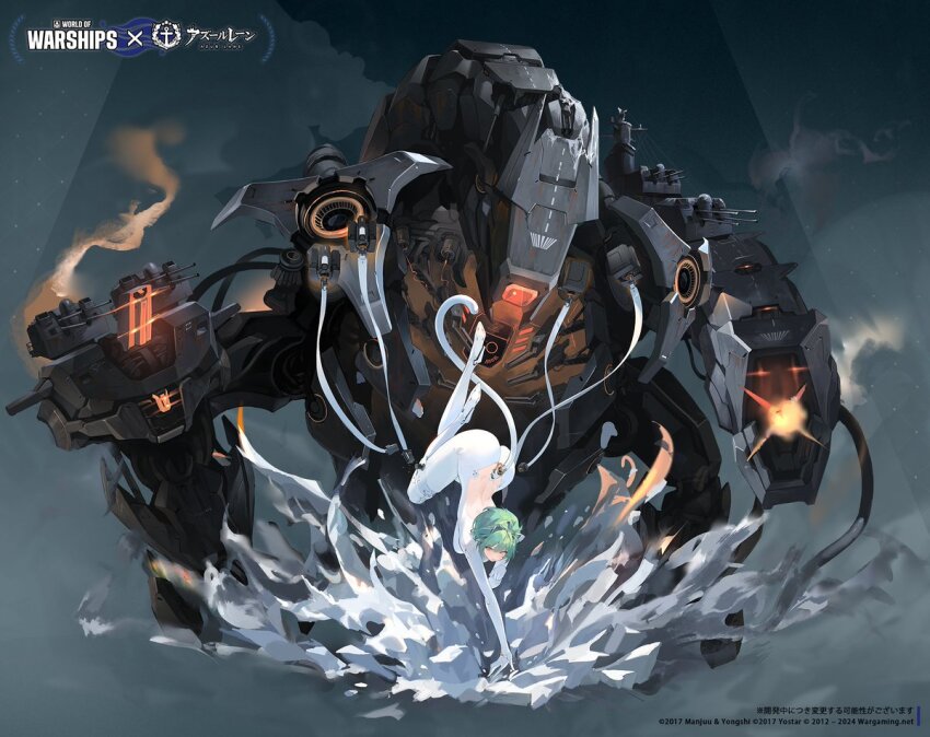 1girl admiral_nakhimov_(azur_lane) animal_ears ass azur_lane backless_bodysuit bare_back bodysuit cat_ears commentary_request fake_animal_ears full_body green_hair high_heels kincora looking_at_viewer mecha northern_parliament_(emblem) official_art promotional_art rigging robot short_hair solo translation_request white_bodysuit world_of_warships yellow_eyes
