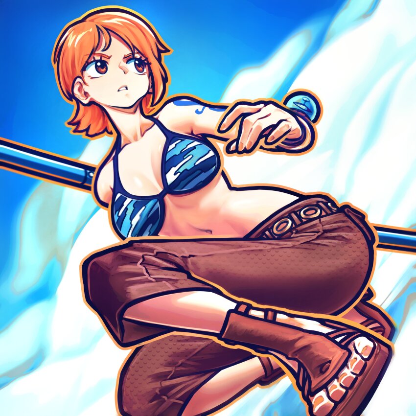 1girl absurdres bare_shoulders belt bikini bikini_top_only blue_sky bracelet breasts brown_pants brown_sandals camouflage camouflage_bikini cleavage clima-tact cloud cloudy_sky collarbone commentary full_body halterneck highres holding holding_staff jewelry log_pose looking_to_the_side medium_breasts nami_(one_piece) nami_(one_piece)_(skypiea) navel nominoparadox official_alternate_costume one_piece orange_eyes orange_hair pants parted_lips sandals shoulder_tattoo single_sidelock sky solo squatting staff stomach swimsuit tattoo toes