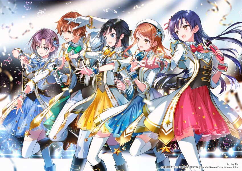 1boy 4girls amagase_touma asakura_toru blush boots bow bowtie confetti copyright_notice glowstick hojo_karen holding holding_microphone idol idolmaster idolmaster_(classic) idolmaster_cinderella_girls idolmaster_million_live! idolmaster_shiny_colors idolmaster_side-m jacket kisaragi_chihaya knee_boots long_jacket looking_afar microphone mogami_shizuka multiple_girls official_art smile stage_lights standing standing_on_one_leg thighhighs tiv white_jacket white_thighhighs wrist_cuffs