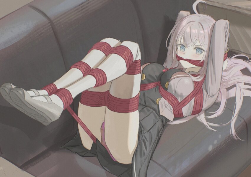 1girl absurdres ahoge alisa_mikhailovna_kujou angry arms_behind_head bdsm between_breasts between_legs between_thighs black_shirt black_skirt black_vest blue_eyes blush bondage bound bound_ankles bound_arms bound_breasts bound_legs bound_torso bound_wrists bow bowtie breast_bondage breasts cailin020 cleave_gag cloth_gag clothes_lift couch cropped_jacket feet feet_up female_focus full_body gag gagged glaring grey_hair grey_jacket hair_between_eyes highres improvised_gag indoors jacket kidnapped kidnapping large_breasts legs legs_together long_hair long_sleeves looking_ahead looking_to_the_side lying on_back panties pink_panties pleated_skirt red_bow red_bowtie red_rope ribbon rope school_uniform seiren_academy_school_uniform shibari shibari_over_clothes shirt shoes sidelocks skirt skirt_lift solo teeth thighs tokidoki_bosotto_roshia-go_de_dereru_tonari_no_alya-san underwear vest white_hair