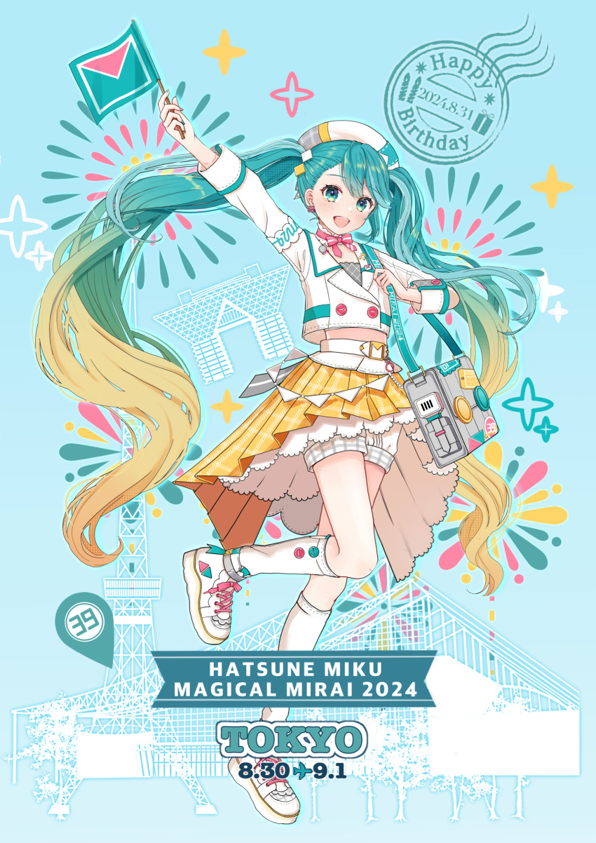 1girl 39 :d aqua_eyes arm_up bag belt beret blue_background character_name commentary diamond_hair_ornament flag full_body gradient_hair happy_birthday hat hatsune_miku highres holding holding_flag jacket kneehighs layered_skirt long_hair looking_at_viewer magical_mirai_(vocaloid) magical_mirai_miku magical_mirai_miku_(2024) mofmama multicolored_hair multicolored_nails musical_note_ornament number_earrings official_alternate_costume open_mouth plaid_clothes plaid_skirt shorts shorts_under_skirt shoulder_bag skirt smile socks solo standing standing_on_one_leg twintails two-tone_hair very_long_hair vocaloid white_jacket white_sneakers white_socks
