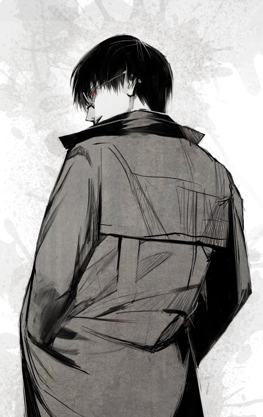 1boy black_coat black_hair black_reaper black_shirt coat collared_coat collared_shirt glasses hands_in_pockets highres kaneki_ken long_sleeves looking_at_viewer looking_back male_focus red_eyes shirt short_hair simple_background solo stfr_(stfr_kaz) tokyo_ghoul tokyo_ghoul:re white_background