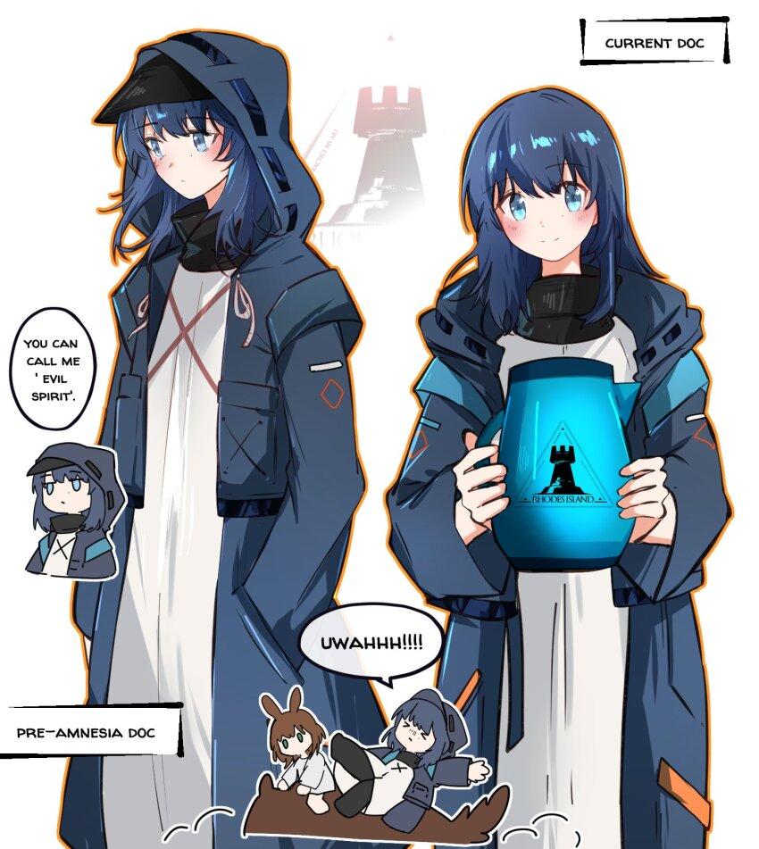 2girls aged_down amiya_(arknights) amiya_(young)_(arknights) animal_ears arknights arya_melati blue_eyes blue_hair blush brown_hair closed_mouth coat commentary cropped_torso deformed doctor_(arknights) english_commentary english_text expressionless feet_out_of_frame female_doctor_(arknights) full_body hair_between_eyes highres holding holding_kettle hood hood_down hood_up kettle long_hair long_sleeves looking_at_viewer multiple_girls multiple_views official_alternate_costume open_clothes open_coat rabbit_ears rabbit_girl rhodes_island_logo_(arknights) shirt sitting smile speech_bubble white_shirt
