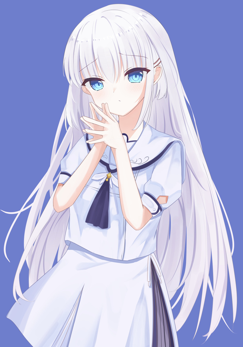 1girl :/ =_hair_ornament absurdres blue_background blue_eyes blush closed_mouth commentary_request cowboy_shot eyes_visible_through_hair fantuan/ft frown hair_between_eyes hair_ornament hairclip hands_up highres long_hair looking_at_viewer naruse_shiroha own_hands_together puffy_short_sleeves puffy_sleeves sailor_collar school_uniform serafuku shirt short_sleeves simple_background skirt solo steepled_fingers straight_hair summer_pockets summer_pockets_school_uniform very_long_hair white_hair white_sailor_collar white_serafuku white_shirt white_skirt