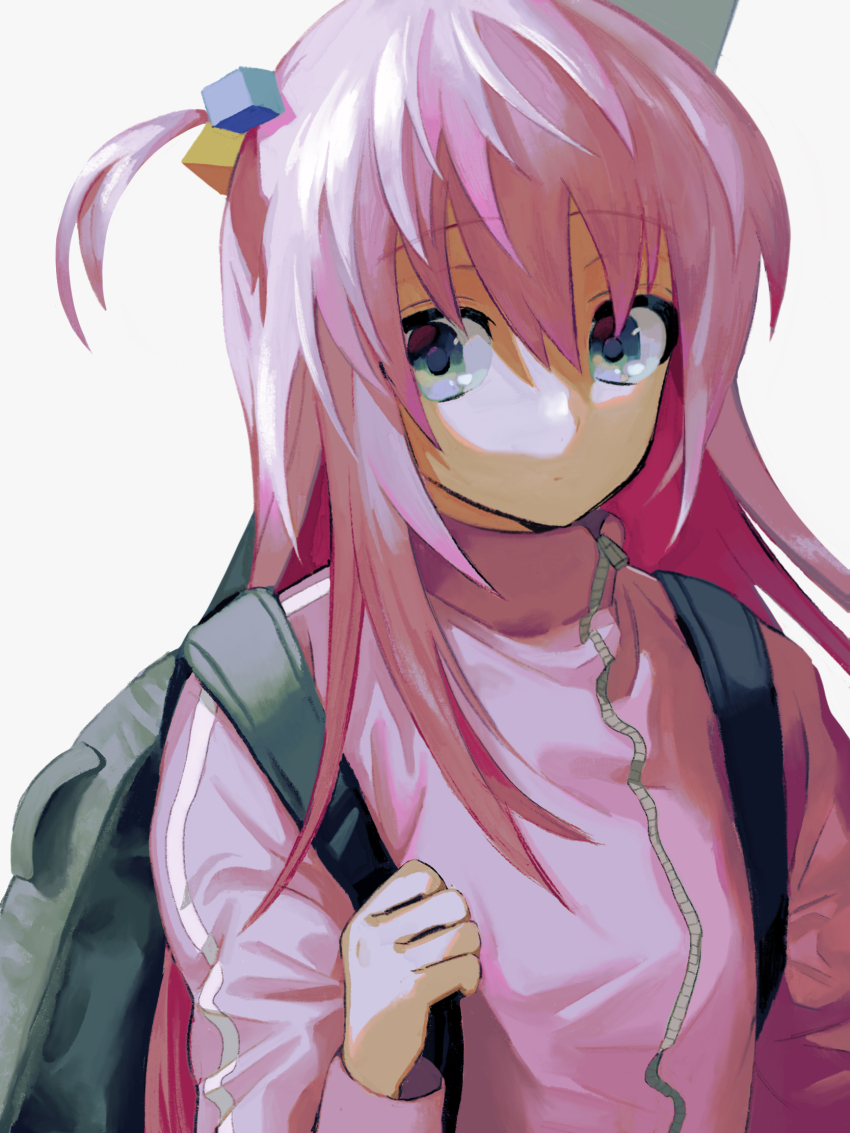 1girl blue_eyes bocchi_the_rock! cube_hair_ornament expressionless gotoh_hitori hair_ornament highres holding_strap instrument_case jacket long_hair long_sleeves looking_to_the_side one_side_up pink_hair pink_jacket simple_background solo takushi_(taxi739) track_jacket upper_body white_background zipper