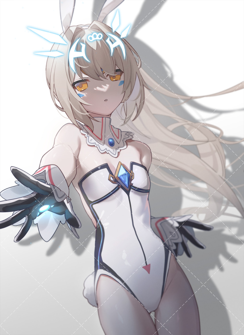 1girl animal_ears az_(zero_glvimayhop) bare_shoulders black_gloves breastless_clothes breastless_leotard code:_battle_seraph_(elsword) cowboy_shot detached_collar elsword eve_(elsword) fake_animal_ears fake_tail flat_chest gloves grey_hair highres leotard long_hair looking_at_viewer mark_under_both_eyes playboy_bunny rabbit_ears rabbit_tail shadow simple_background solo tail white_background white_leotard wrist_cuffs yellow_eyes