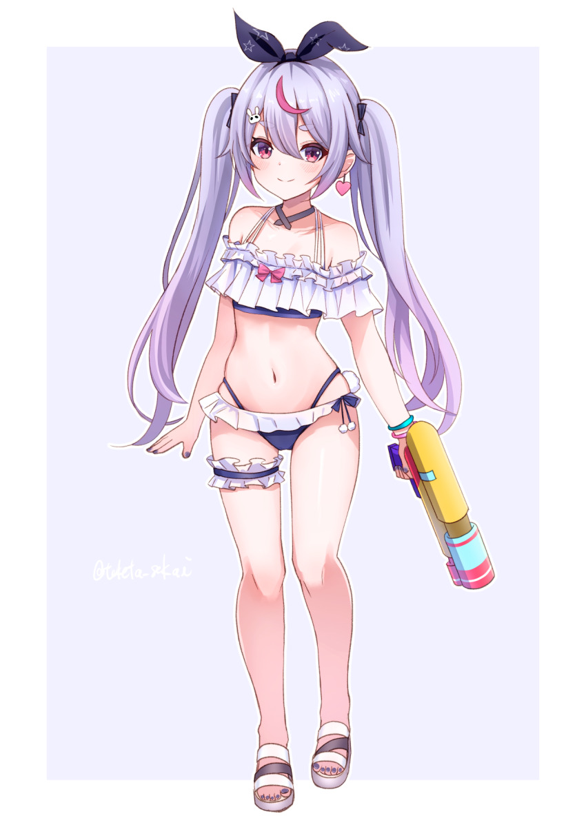 1girl arms_at_sides bikini black_bow black_hairband black_nails border bow bow_hairband breasts closed_mouth earrings frilled_bikini frilled_thigh_strap frills full_body hair_between_eyes hair_bow hairband heart heart_earrings highleg highleg_bikini highres holding holding_water_gun jewelry looking_at_viewer multicolored_hair nail_polish off-shoulder_bikini off_shoulder official_alternate_costume pink_eyes pink_hair pink_streaks purple_background purple_hair sandals short_eyebrows single_earring small_breasts smile solo standing streaked_hair swimsuit thigh_strap toenail_polish toenails toketa-sekai tosaki_mimi tosaki_mimi_(summer_c102) twintails twitter_username virtual_youtuber vspo! water_gun white_border