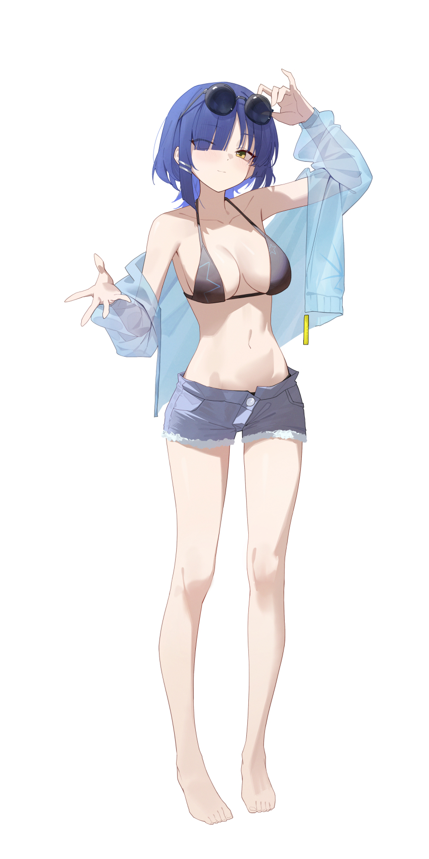 1girl absurdres barefoot bikini black_bikini blue_hair blue_jacket bocchi_the_rock! breasts closed_mouth denim denim_shorts eyewear_on_head green_eyes hair_over_one_eye highres jacket long_hair looking_at_viewer navel see-through_clothes see-through_jacket shorts solo stomach sukaliya sunglasses swimsuit yamada_ryo