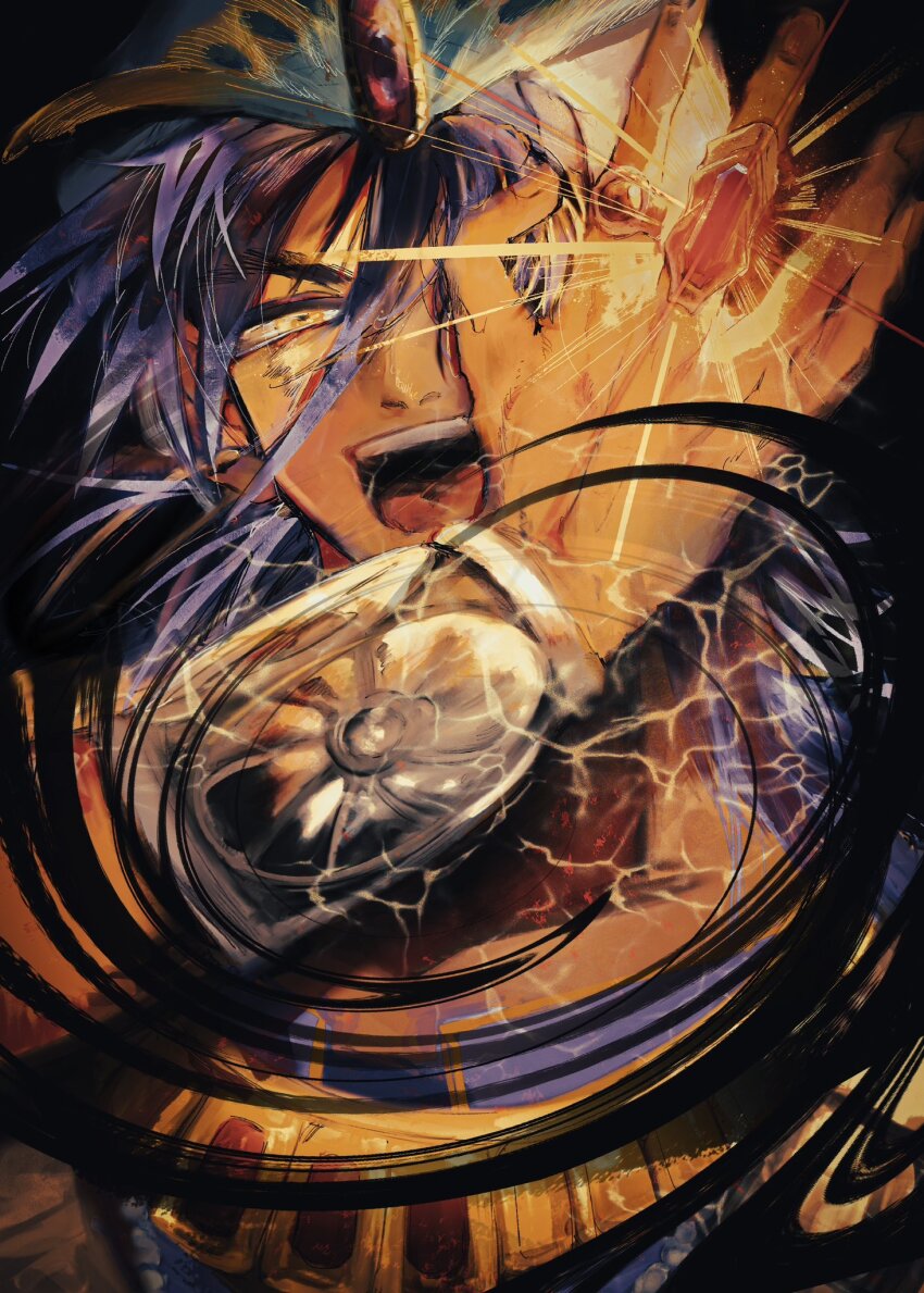 1boy black_background bracer headpiece highres jewelry long_hair magi_the_labyrinth_of_magic male_focus mebarumss necklace open_mouth purple_hair ring simple_background sinbad_(magi) smile solo swirl turban upper_body yellow_eyes