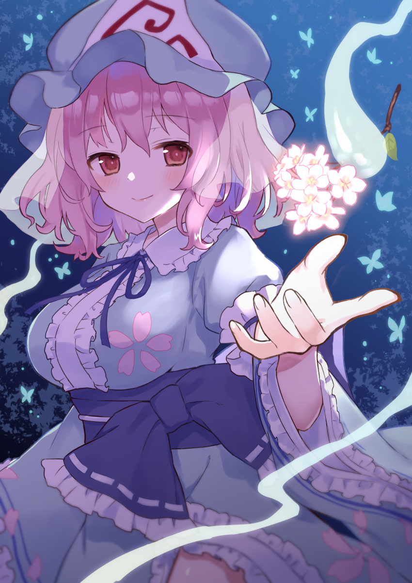 1girl ahase_hino blue_bow blue_hat blue_kimono blue_ribbon blurry blurry_background blush bow branch breasts bug butterfly cherry_blossoms closed_mouth commentary_request cowboy_shot floral_print flower frilled_kimono frilled_shirt_collar frilled_sleeves frills ghost hat highres hitodama insect japanese_clothes kimono large_breasts long_sleeves looking_at_viewer mob_cap neck_ribbon pink_eyes pink_flower pink_hair ribbon saigyouji_yuyuko short_hair sleeve_garter smile solo touhou triangular_headpiece waist_bow wide_sleeves