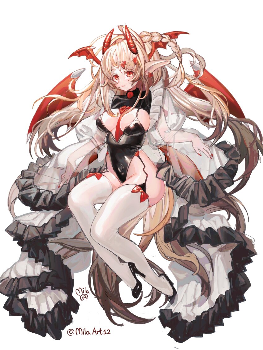 1girl absurdres black_leotard black_shoes blonde_hair braid breasts cleavage commentary demon_girl demon_wings english_commentary frilled_sleeves frills full_body head_wings high_heels highres horns leotard long_hair looking_at_viewer mila_(milaart12) original pointy_ears red_eyes see-through_clothes see-through_sleeves shoes simple_background solo thighhighs very_long_hair very_long_sleeves white_background white_thighhighs wings