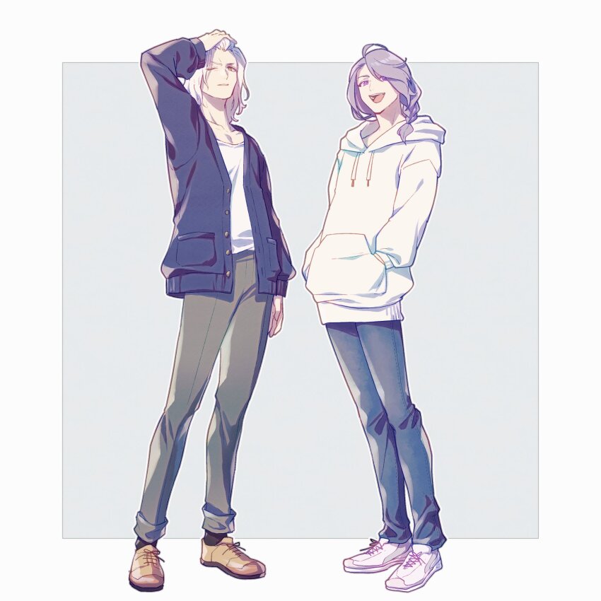 2boys :d alternate_costume arm_up blue_jacket blue_pants border braid brown_footwear contemporary denim drawstring emet-selch final_fantasy final_fantasy_xiv fosaster_fenrir frown full_body grey_background grey_pants hand_on_own_head hands_in_pockets highres hood hood_down hoodie hythlodaeus jacket jeans looking_at_viewer male_focus medium_hair multiple_boys one_eye_closed open_clothes open_jacket open_mouth outside_border pants purple_hair shirt shoes short_hair side_braid simple_background single_braid smile sneakers standing white_border white_footwear white_hair white_hoodie white_shirt yellow_eyes