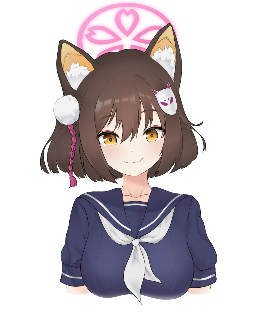 1girl absurdres animal_ear_fluff animal_ears blue_archive blue_sailor_collar blue_shirt blush brown_eyes brown_hair collar commentary_request cropped_torso fang fox_ears hair_between_eyes hair_ornament halo highres hrna izuna_(blue_archive) looking_at_viewer medium_hair neckerchief pink_halo sailor_collar shirt short_sleeves sidelocks simple_background skin_fang smile solo upper_body white_background white_neckerchief