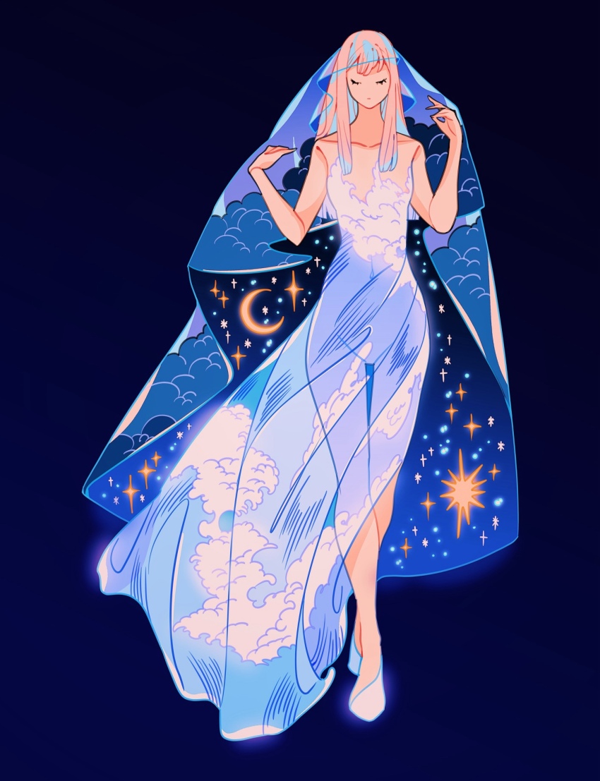 1girl blue_background blue_clouds blue_dress blue_veil closed_eyes closed_mouth cloud_print collarbone commentary covered_navel crescent crescent_moon dark_background dot_mouth dress english_commentary full_body hands_up highres long_dress long_hair meyoco moon navel night night_sky ocean original pink_hair print_dress print_veil see-through_clothes see-through_dress shoes sidelocks simple_background sky sky_print sleeveless sleeveless_dress solo sparkle star_(sky) starry_sky_print veil walking water wave_print white_shoes