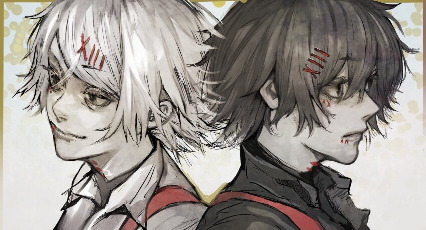 2boys black_hair black_shirt closed_mouth dual_persona hair_between_eyes hair_ornament hairclip highres male_focus multiple_boys red_eyes roman_numeral shirt short_hair smile stfr_(stfr_kaz) stitches suzuya_juuzou tokyo_ghoul tokyo_ghoul:re white_hair x_hair_ornament