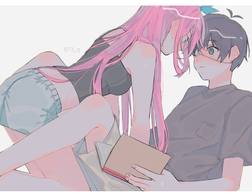 1boy 1girl 673_q aqua_bow aqua_eyes ass aubrey_(faraway)_(omori) aubrey_(omori) bare_legs beige_shorts black_camisole black_hair black_shirt blue_shorts blush book bow camisole commentary_request eyepatch grey_background grey_eyes hair_bow hetero highres holding holding_book long_hair omori pink_hair shirt short_hair shorts simple_background sunny_(omori)