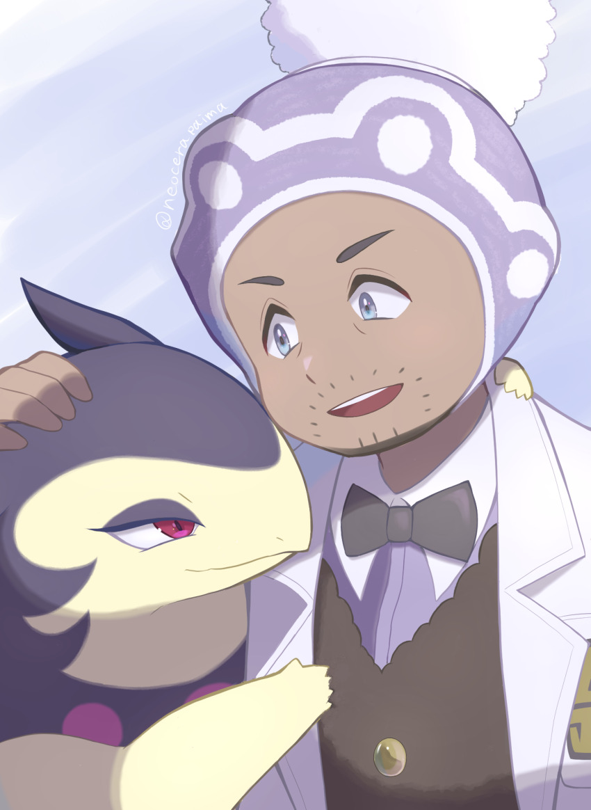 1boy beanie bow bowtie coat collared_shirt commentary_request dark-skinned_male dark_skin facial_hair grey_eyes hand_up hat headpat highres hisuian_typhlosion professor_laventon logo male_focus neocerapaima nintendo open_clothes open_coat pokemon pokemon_(creature) pokemon_legends:_arceus purple_headwear shirt stubble vest white_coat