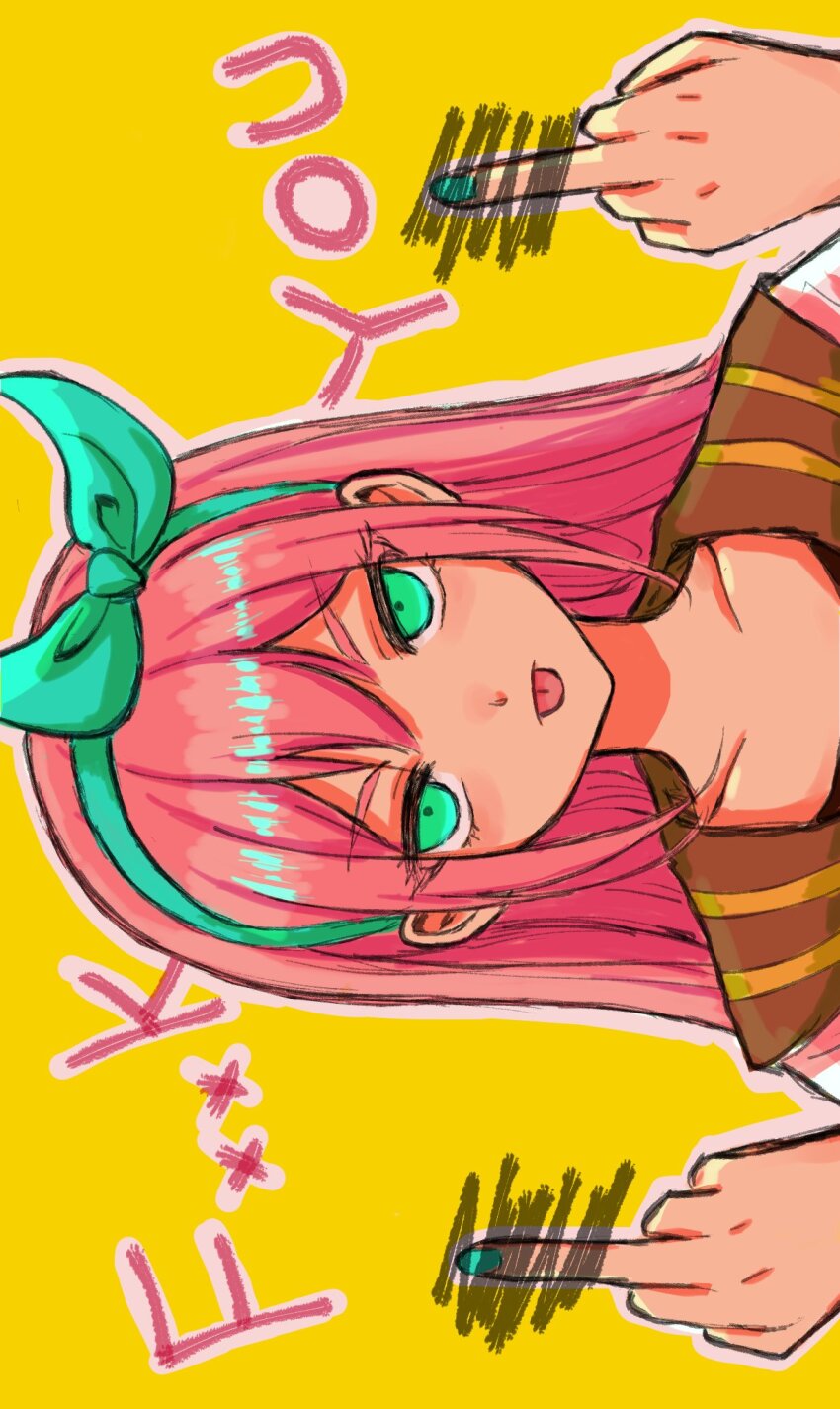 1girl aubrey_(faraway)_(omori) aubrey_(omori) bow_hairband brown_sailor_collar censored censored_text closed_mouth collarbone commentary double-parted_bangs double_middle_finger english_text frown green_eyes green_hairband green_nails hair_between_eyes hairband hands_up highres long_hair looking_at_viewer middle_finger nail_polish omori outline pink_hair pink_outline portrait qq_(oooomoribiglove) sailor_collar scribble_censor simple_background solo straight-on straight_hair symbol-only_commentary tongue tongue_out transparent_censoring upturned_eyes v-shaped_eyebrows yellow_background