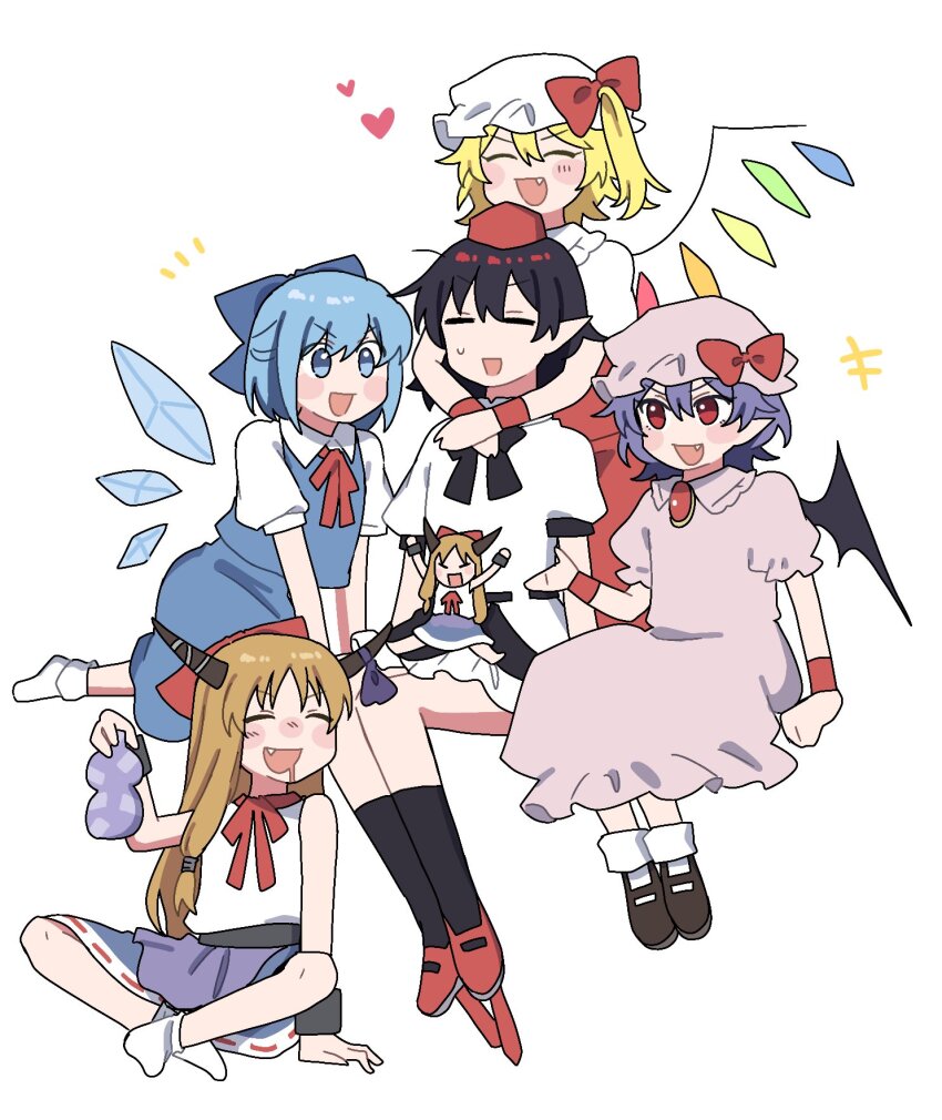 +++ 6+girls bat_wings black_skirt black_socks blonde_hair blue_bow blue_eyes blue_hair blue_skirt blue_vest blush bow brown_hair brown_horns brown_shoes cirno closed_eyes commentary_request crystal crystal_wings detached_wings dress drooling dual_persona fang flandre_scarlet geta hair_bow hat heart highres horns hug hug_from_behind ibuki_suika ice ice_wings mary_janes mini_person minigirl mob_cap mouth_drool multicolored_wings multiple_girls neck_ribbon no_wings one_side_up oni open_mouth orange_hair pink_dress pointy_ears puffy_short_sleeves puffy_sleeves purple_skirt red_brooch red_eyes red_hat red_ribbon red_shoes red_skirt red_vest remilia_scarlet ribbon sakic43899 shameimaru_aya shirt shoes short_sleeves siblings side_ponytail sisters sitting sitting_on_lap sitting_on_person skirt skirt_set smile socks sweatdrop tengu-geta tokin_hat touhou vest white_hat white_shirt white_socks wings
