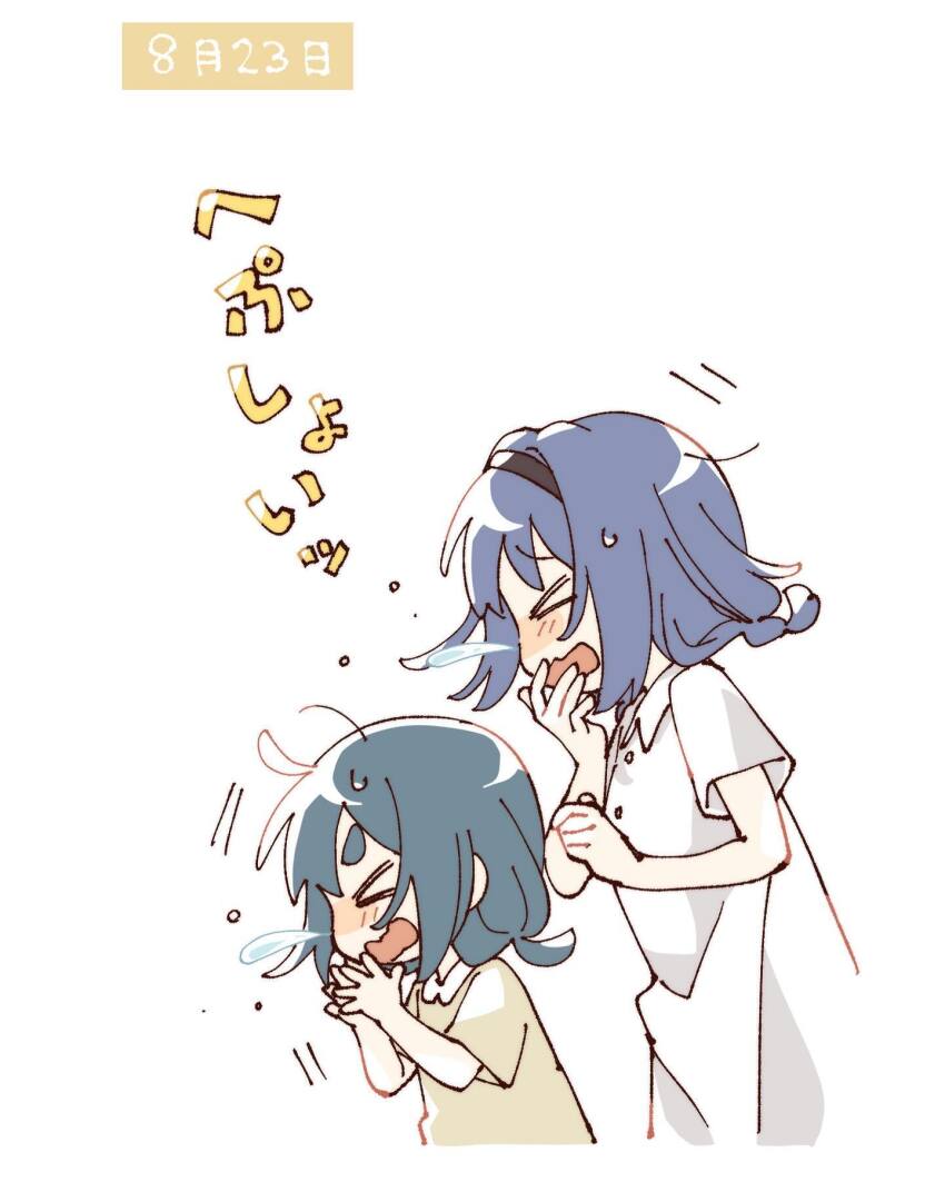 &gt;_&lt; 2girls black_hairband blue_hair blush_stickers braid collared_dress commentary_request contrast_collar cropped_torso dress furutani_himawari furutani_kaede hairband highres multiple_girls namori open_mouth shirt short_hair short_sleeves siblings simple_background sisters sneezing snot thick_eyebrows translation_request white_background white_dress yellow_shirt yuru_yuri