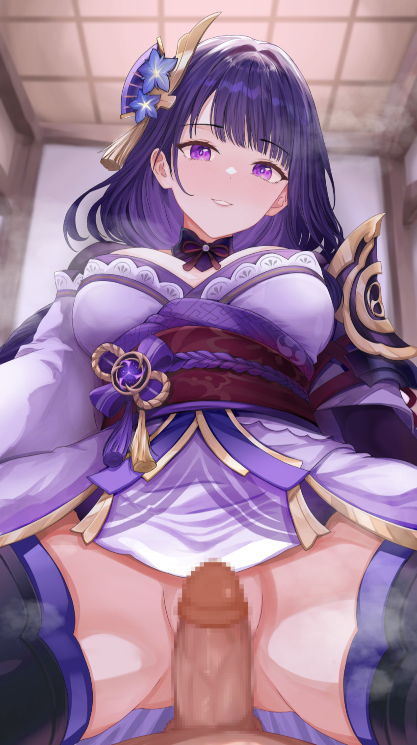 1boy 1girl absurdres armor asymmetrical_sleeves blue_pupils blunt_bangs blur_censor blurry blurry_background braid breasts bridal_gauntlets censored dark-skinned_male dark_skin fan_hair_ornament flower from_below genshin_impact girl_on_top gradient_hair hair_flower hair_ornament happy_sex head_tilt hetero highres huge_breasts indoors japanese_clothes kimono large_breasts long_braid long_hair looking_at_viewer looking_down mitsudomoe_(shape) multicolored_eyes multicolored_hair neck_ribbon no_mole no_panties parted_lips penis pov purple_eyes purple_flower purple_kimono purple_thighhighs pussy raiden_shogun red_ribbon red_sash ribbon sash shoulder_armor single_braid small_penis smile solo_focus spread_legs steaming_body thick_thighs thighhighs thighs tomoe_(symbol) uneven_sleeves welo wide_sleeves