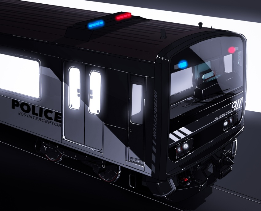 209all east_japan_railway_company highres multiple_unit_train no_humans original police railroad_tracks shirt tagme train vehicle_focus