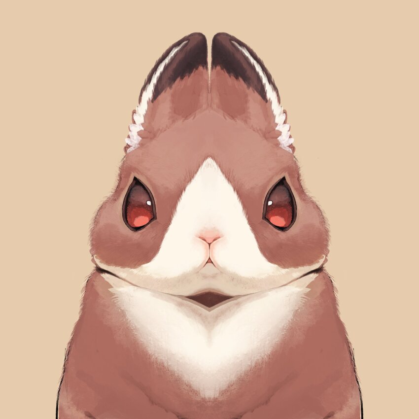 :&lt; animal animal_focus brown_background brown_fur colored_sclera ears_up highres juchuaner looking_at_viewer multicolored_fur no_humans original painterly parted_lips portrait rabbit realistic red_sclera simple_background solid_eyes straight-on symmetry white_fur