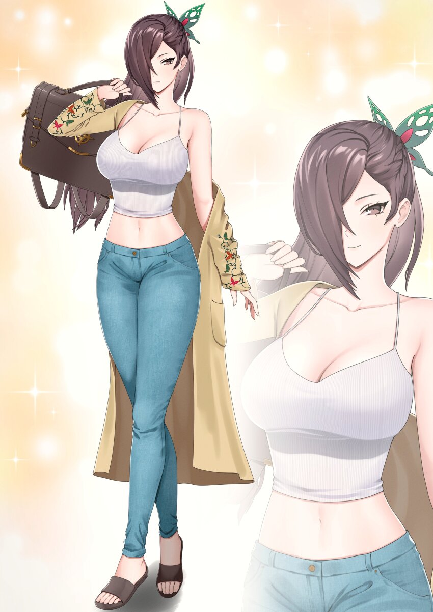 1girl absurdres alternate_costume breasts brown_eyes brown_hair butterfly_hair_ornament camisole commentary crop_top denim feet fire_emblem fire_emblem_fates fire_emblem_heroes flip-flops hair_ornament highres jeans kagero_(fire_emblem) kagero_(resplendent)_(fire_emblem) large_breasts legs long_hair looking_at_viewer mari48240422 midriff multiple_views navel nintendo off_shoulder pants sandals single_bare_shoulder smile spaghetti_strap standing stomach thighs toenails toes very_long_hair