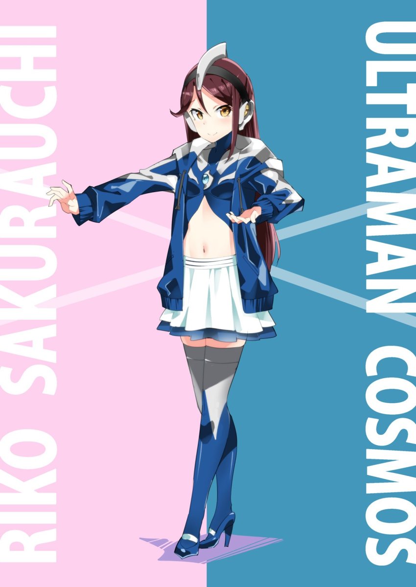 1girl blue_background blue_footwear blue_thighhighs breasts character_name color_timer commentary cosplay english_text full_body grey_thighhighs headphones high_heels highres jacket long_hair looking_at_viewer love_live! love_live!_sunshine!! midriff miniskirt multicolored_legwear navel pink_background red_hair sakurauchi_riko sasanon_(sasapoliton) sidelocks skirt small_breasts solo standing thighhighs two-tone_background ultra_series ultraman_cosmos ultraman_cosmos_(cosplay) ultraman_cosmos_(series) yellow_eyes